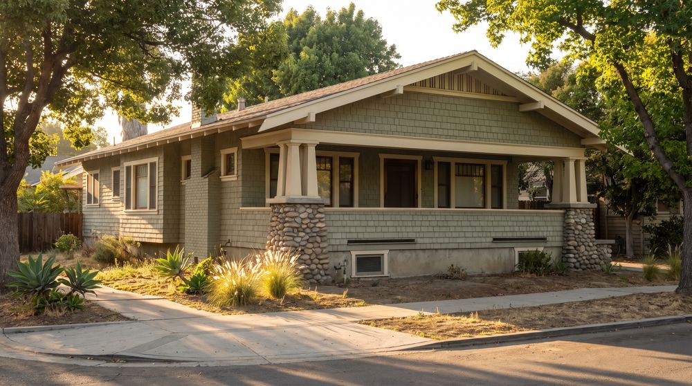 A Craftsman bungalow with a deep porch, river-rock piers and a small vent in its raised foundation, in late afternoon sun
