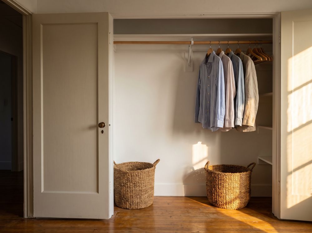 A bedroom closet with a freshly painted white back wall and a new baseboard, shirts on wooden hangers and two woven baskets in afternoon light