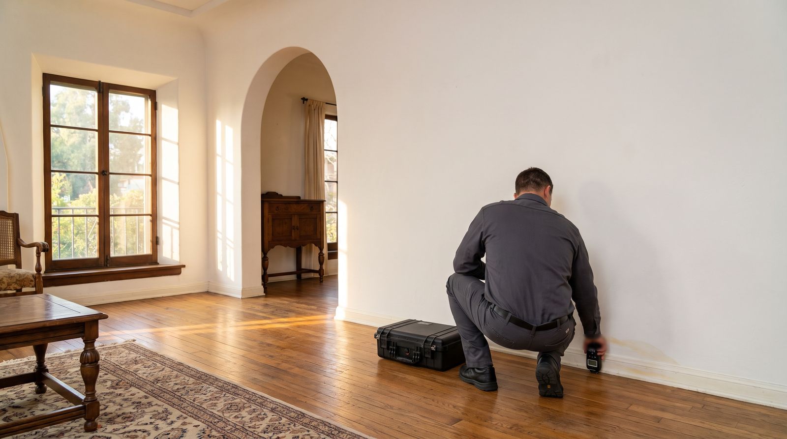 A person in plain gray work clothes, seen from behind, crouching to hold a moisture meter low on a plaster wall in a sunlit living room with an arched doorway